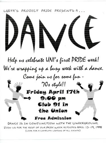 Flyer for a Pride Week dance, from the UNI Proud Records, #17/03/94, University Archives, Rod Library, University of Northern Iowa.