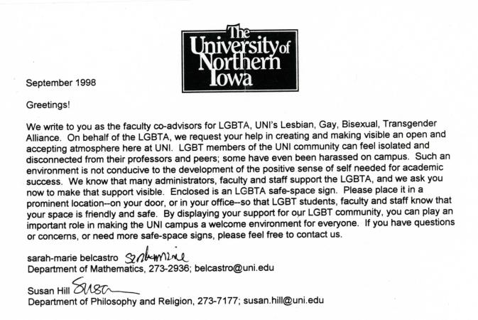 Details about the Safe Space Ally program from the UNI Proud Records, #17/03/94, University Archives, Rod Library, University of Northern Iowa
