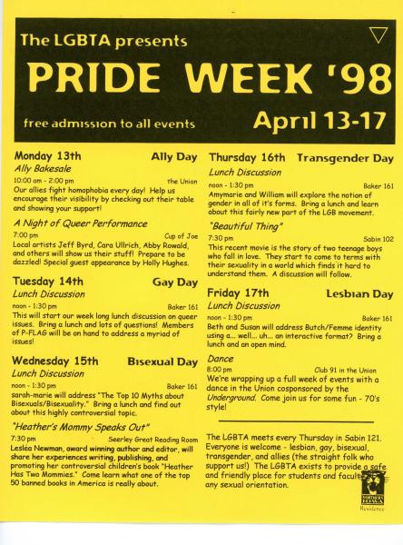 A schedule of events for the first Pride Week on campus, from the UNI Proud Records, #17/03/94, University Archives, Rod Library, University of Northern Iowa.