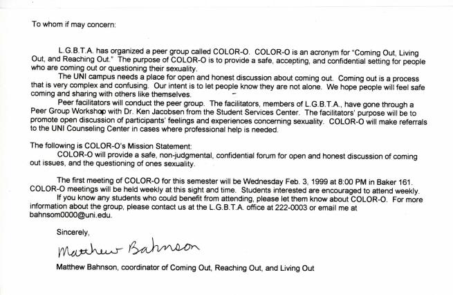 Details about COLOR-O's mission, from the UNI Proud Records, #17/03/94, University Archives, Rod Library, University of Northern Iowa.
