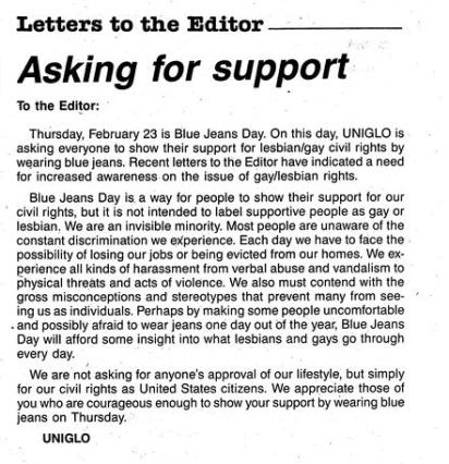 A letter to the editor of the Northern Iowan from UNI-GLO asking people to show their support for the 1984 Blue Jeans Day