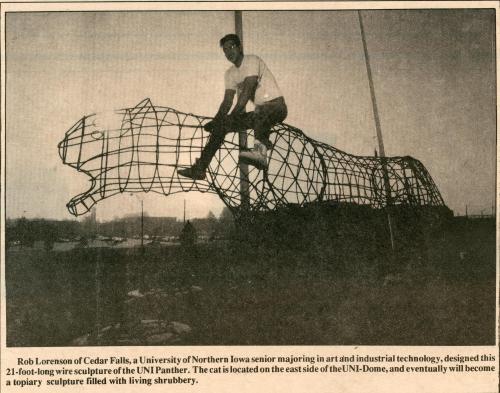 Steve Lorenson astride his Panther sculpture, October 1990.