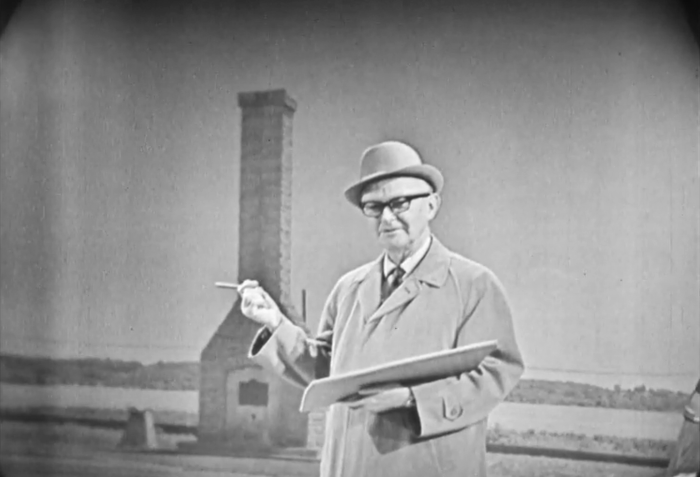 Image of Herb Hake standing near Fort Madison from an episode of &quot;Landmarks in Iowa History.&quot;