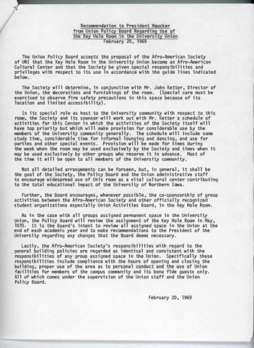Attachment from correspondence, &quot;Recommendation to President Maucker from Union Policy Board Regarding the Key Hole Room in the University Union.&quot;