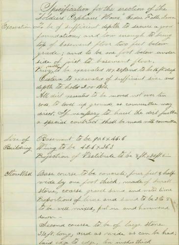 First page of specification for the Orphans' Home handwritten on lined paper