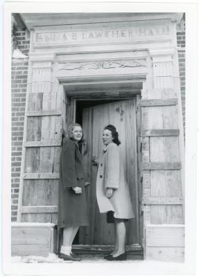 Two students checking on Lawther Hall construction