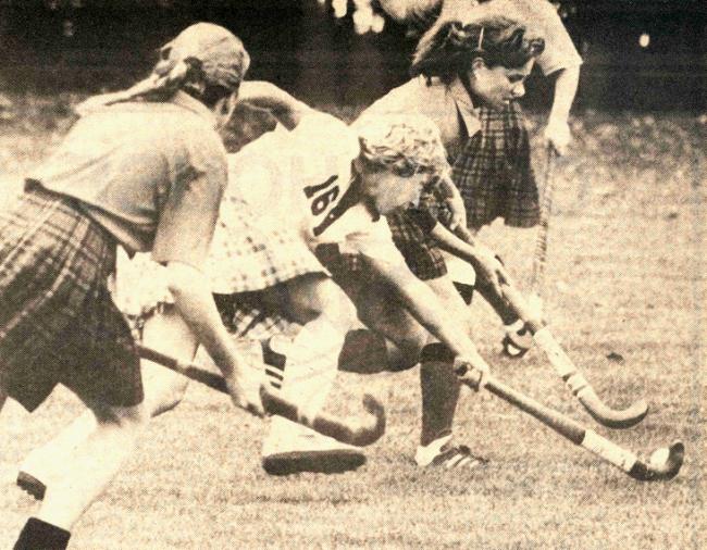 Field hockey action against Grinnell, October 1982.