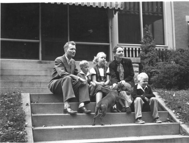 The Maucker family on the front porch of the President's House, 1950.