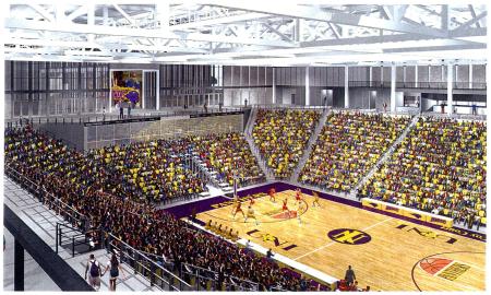 Computer image of McLeod Center basketball court during a game