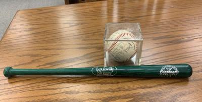 Waterloo Diamonds souvenir bat and signed baseball