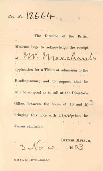 Frank Ivan Merchant's admission ticket to the reading room of the British Museum, 1903