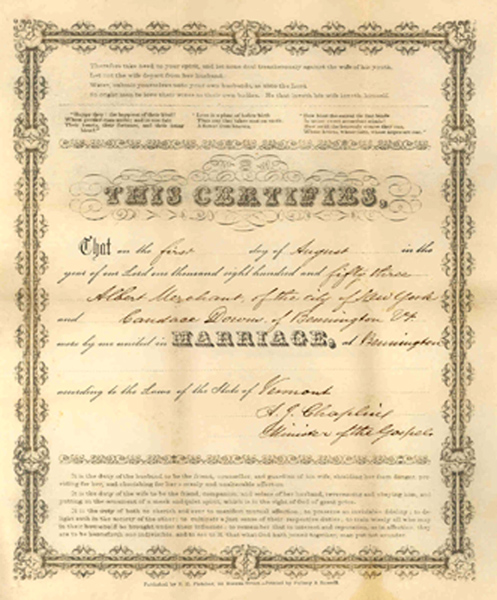 Marriage certificat of Albert Merchant and Candace Downs Merchant, 1851