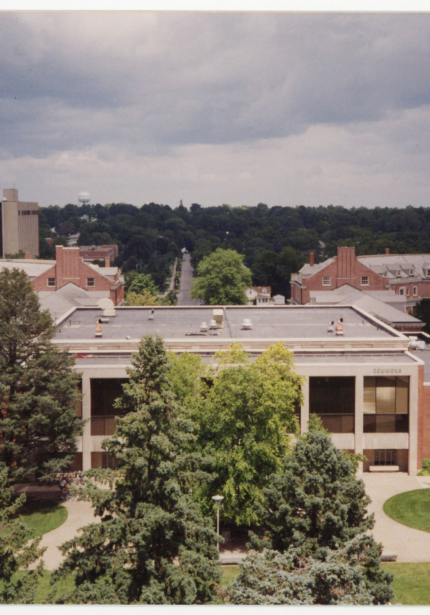 Aerial of Commons with trees blocking view of building front