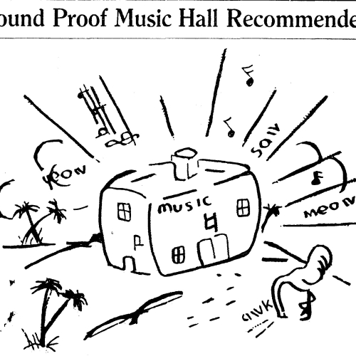 Illustration of a building labeled "music" with sound radiating from it and the title "Sound Proof Music Hall Recommended"