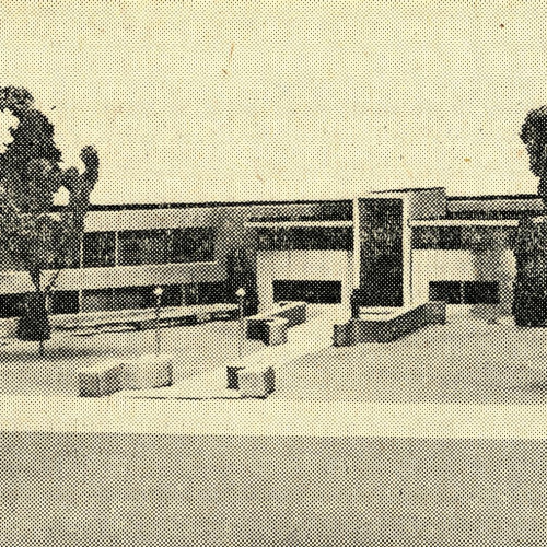 Printed in newspaper, model of proposed two-story building with many windows on both floors