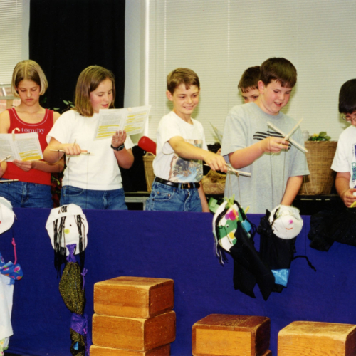 Seven elementary or middle school students performing a puppet show with homemade puppets