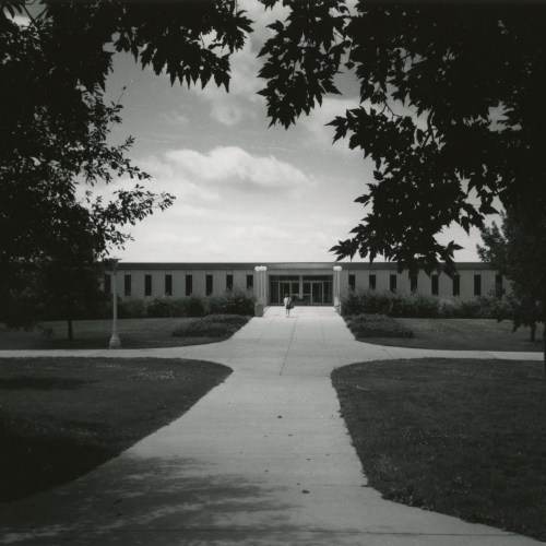 One person on sidewalk leading up to flat-topped one-story building framed by trees