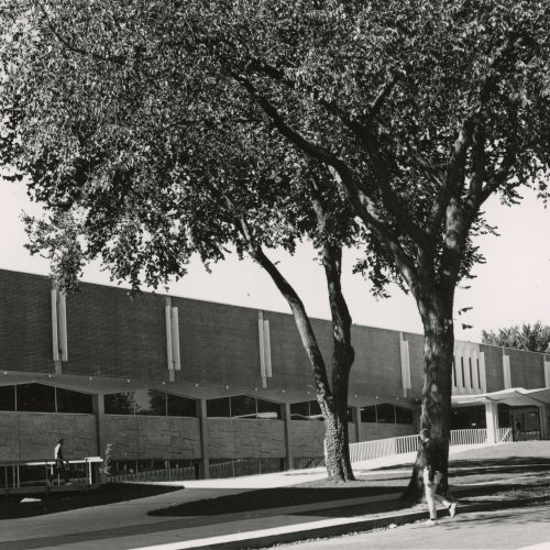 Brick and stone building with covered entrance, trees in foreground
