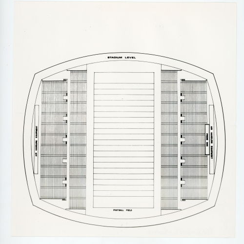 Architectural sketch of an oval building, captions around the edges read stadium level; air handling equipment; press box; football field; and air handling equipment
