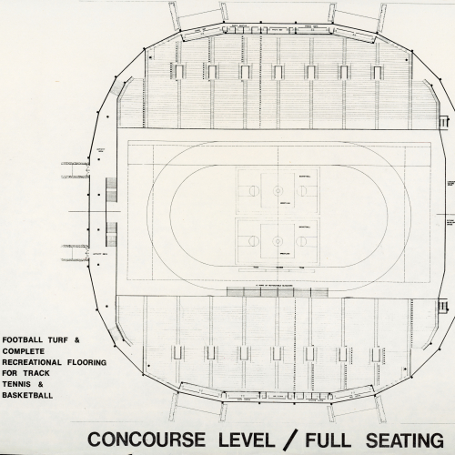 Architectural sketch of an oval building, captions read: football turf and complete recreational flooring for track tennis and basketball, and concourse level / full seating plan