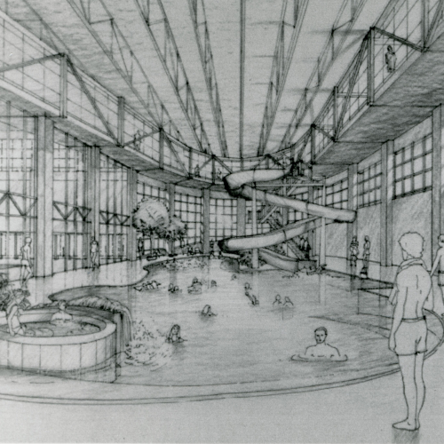 Drawing of people using a pool area with hot tub in foreground and waterslide in background with a vaulted ceiling and large glass windows