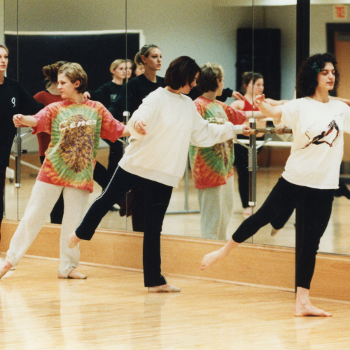 Approximately four people at the barre in a dance class