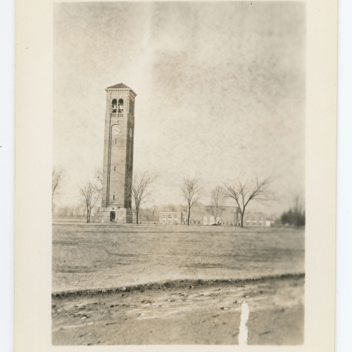 Campanile and West Gym alone on campus
