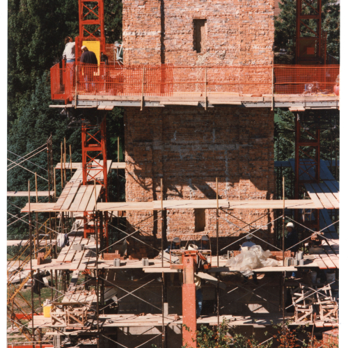 Scaffolding for cladding removal on Campanile