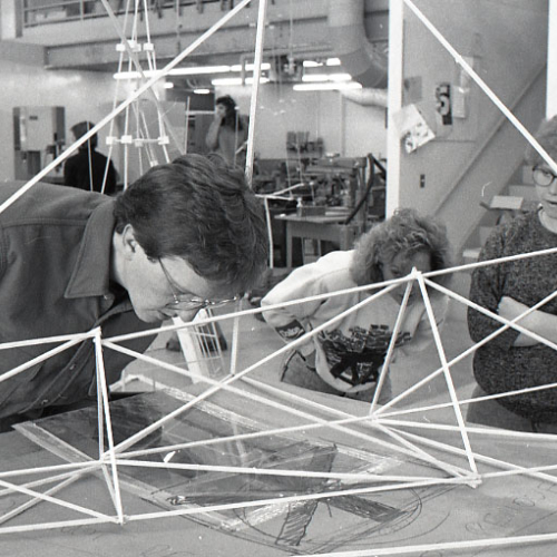 Professor Tom Stancliffe and students in “Three Dimensional Concepts” class, October 1988