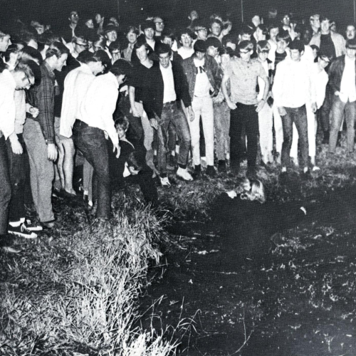 students gathered at Prexy’s Pond for “Bra-less Friday”